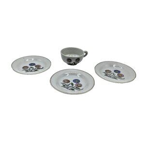 Vtg Miniature Tea Cup & 3 Saucers Made Japan Pink Purple Flowers Gold Tone Rim